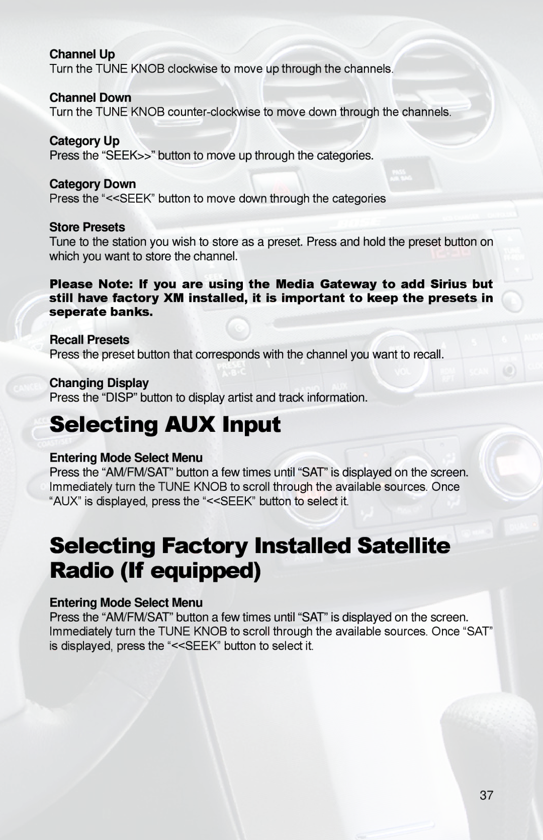 iSimple PGHNI2 owner manual Selecting AUX Input 