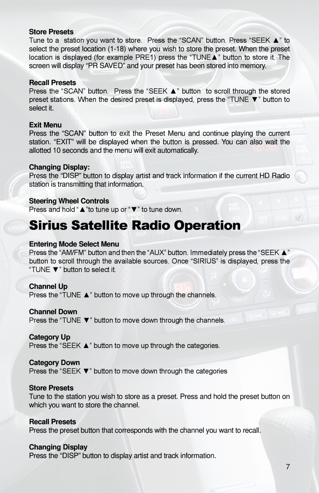 iSimple PGHNI2 owner manual Sirius Satellite Radio Operation, Store Presets 