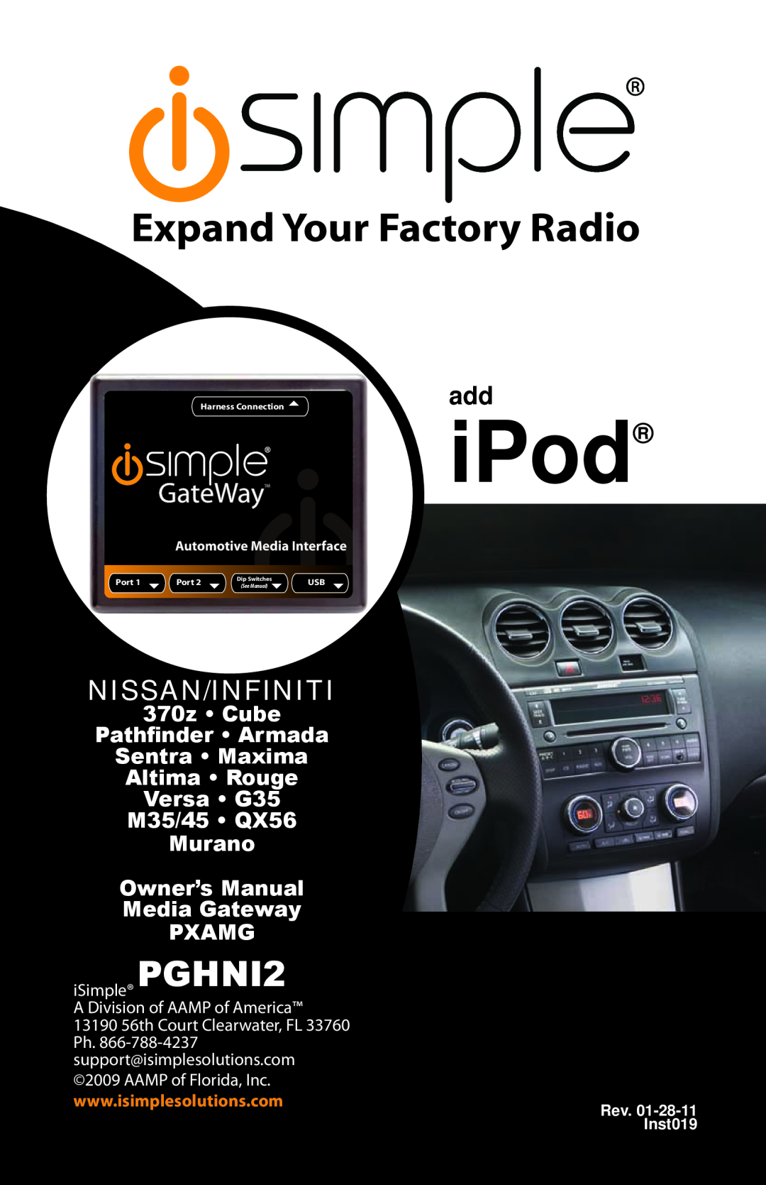 iSimple PGHNI2 owner manual iPod, Expand Your Factory Radio, Nissan/Infiniti, Owner’s Manual Media Gateway PXAMG, USB a 