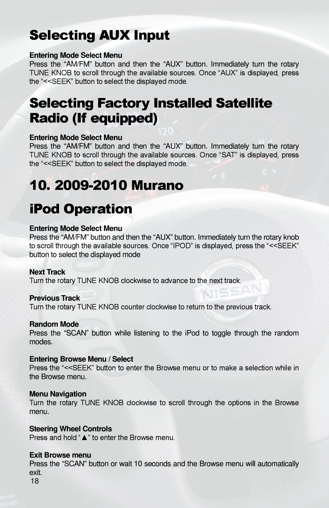 iSimple PGHNI2 owner manual 10.2009-2010Murano iPod Operation, Selecting AUX Input 