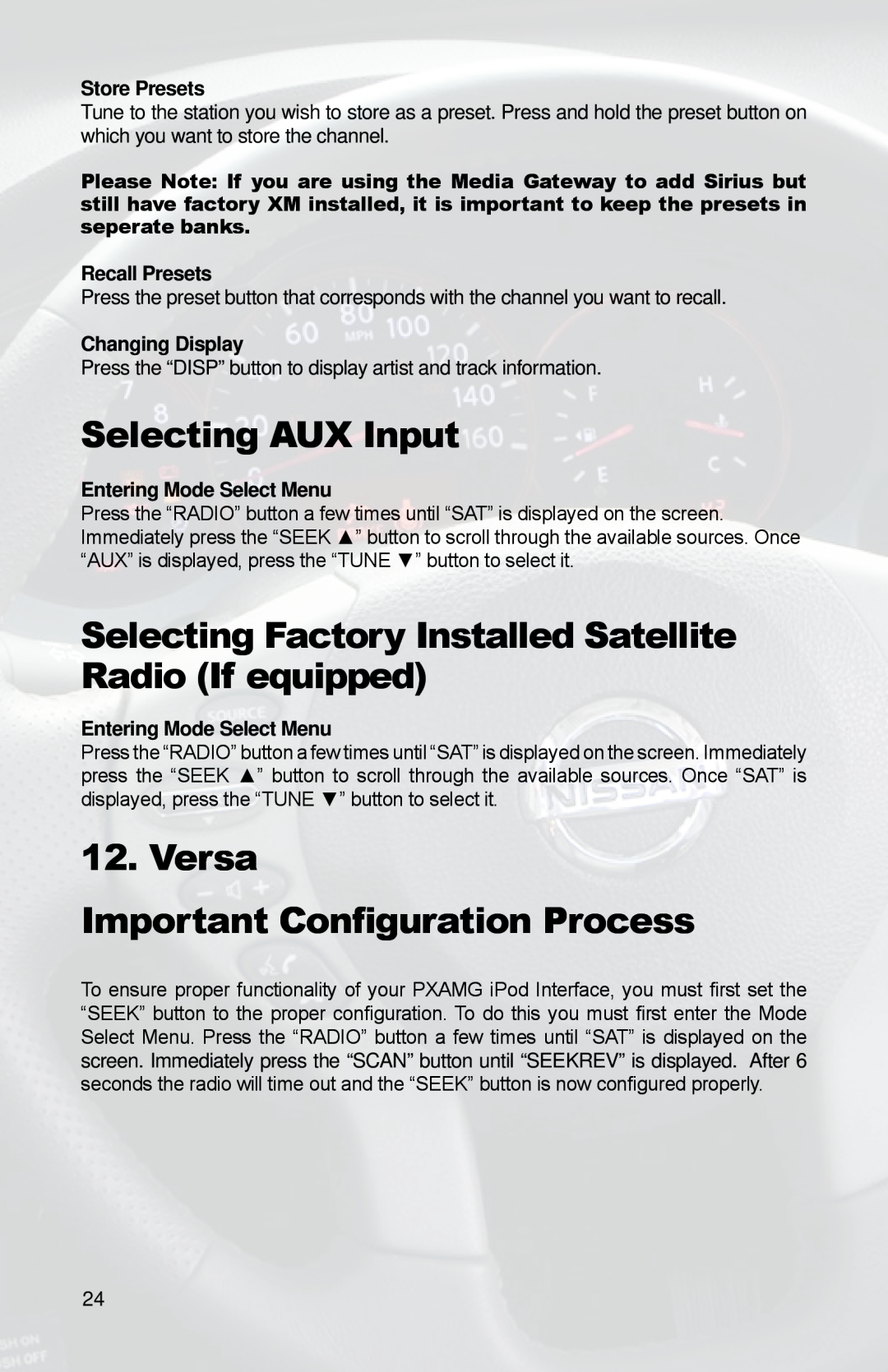 iSimple PGHNI2 owner manual Versa Important Configuration Process, Selecting AUX Input 