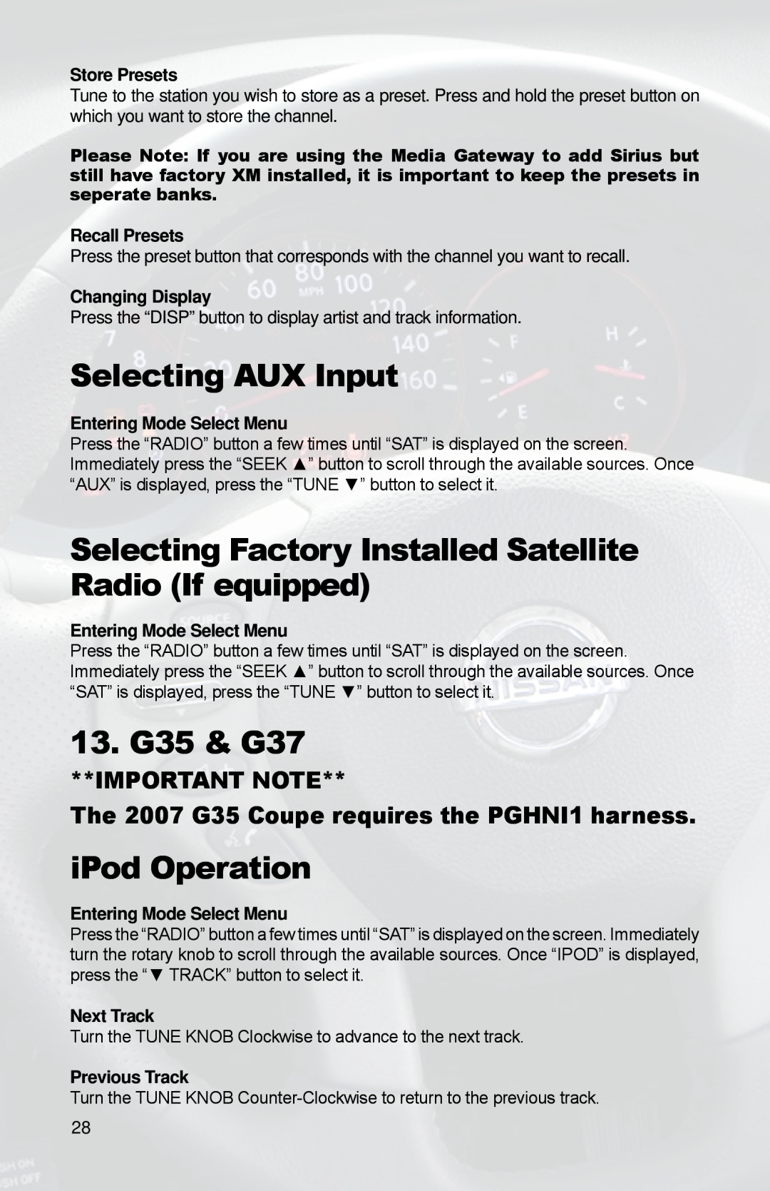 iSimple PGHNI2 owner manual 13. G35 & G37, Selecting AUX Input, iPod Operation, Important Note 