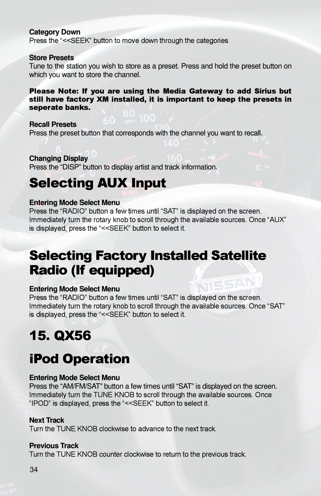 iSimple PGHNI2 owner manual 15. QX56 iPod Operation, Selecting AUX Input 