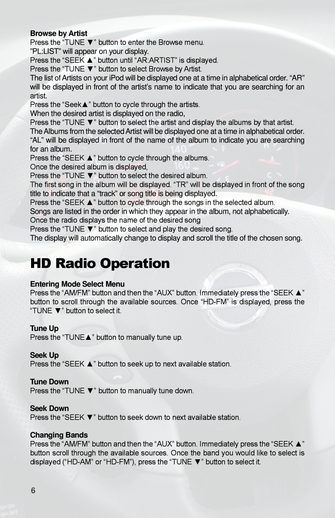 iSimple PGHNI2 HD Radio Operation, Browse by Artist, Entering Mode Select Menu, Tune Up, Seek Up, Tune Down, Seek Down 