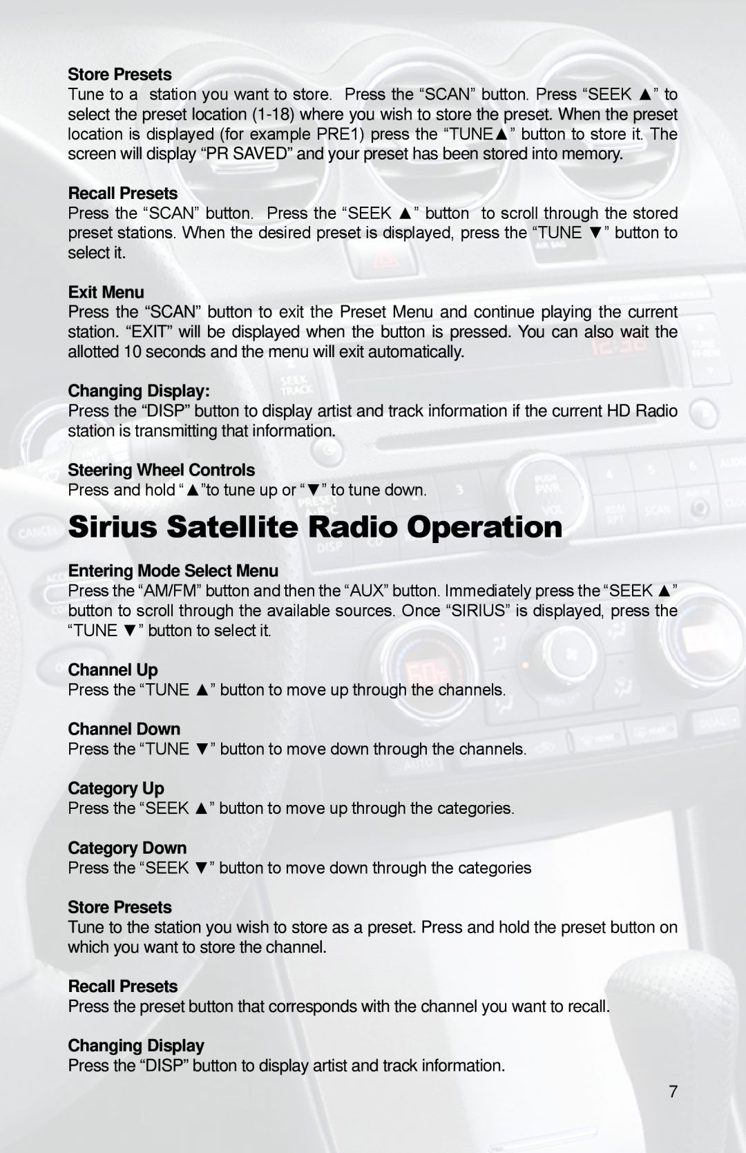 iSimple PGHNI2 owner manual Sirius Satellite Radio Operation 