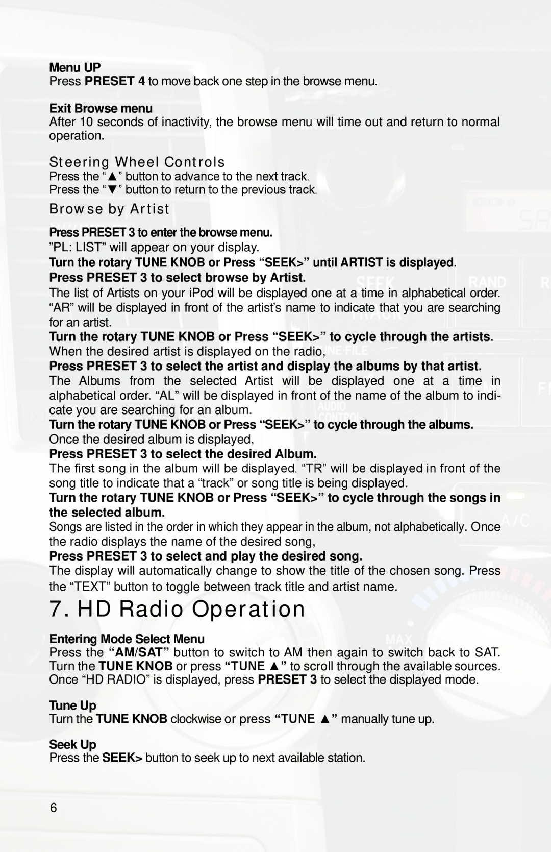 iSimple PGHTY1 owner manual HD Radio Operation, Steering Wheel Controls, Browse by Artist 