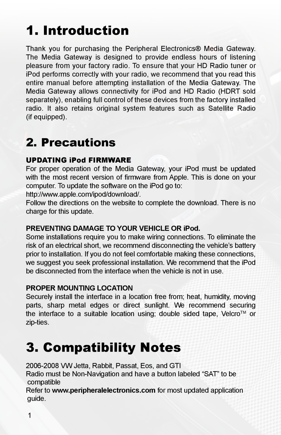 iSimple PGHVW1 Introduction, Compatibility Notes, Updating iPod Firmware, Preventing Damage to Your Vehicle or iPod 