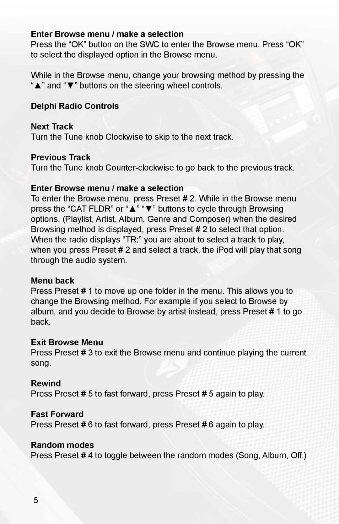 iSimple PGHVW1 owner manual Delphi Radio Controls Next Track, Exit Browse Menu, Rewind, Fast Forward, Random modes 