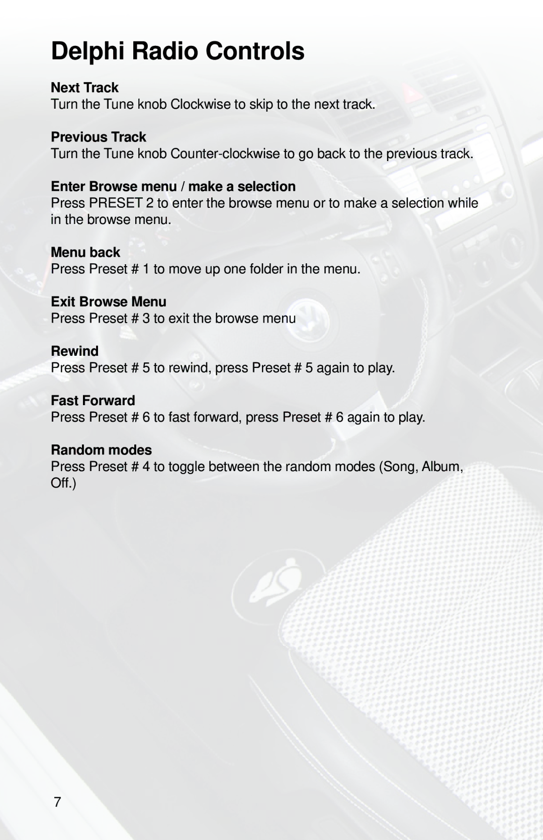 iSimple PGHVW1 owner manual Delphi Radio Controls, Exit Browse Menu, Rewind, Fast Forward, Random modes 