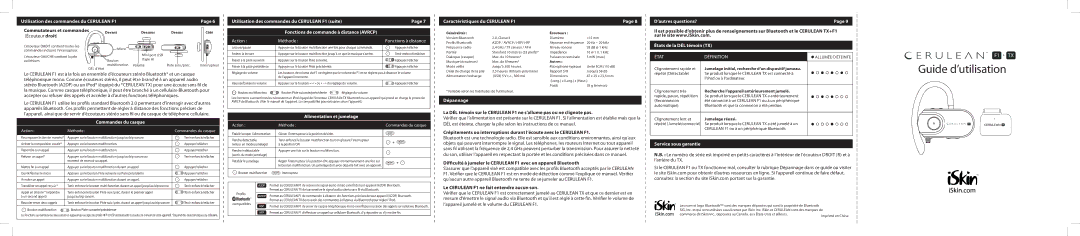 ISkin F1 manual États de la DÉL témoin TX, Commandes du casque, Alimentation et jumelage, Dépannage, Service sous garantie 