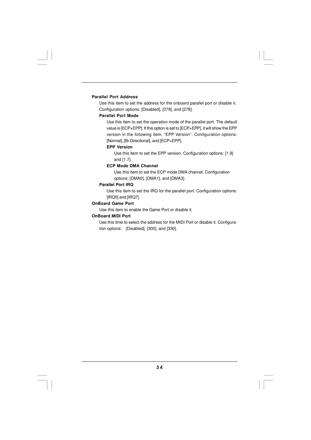 ISonic K8NF4G-SATA2 manual Parallel Port Address, Parallel Port Mode, EPP Version, ECP Mode DMA Channel, Parallel Port IRQ 