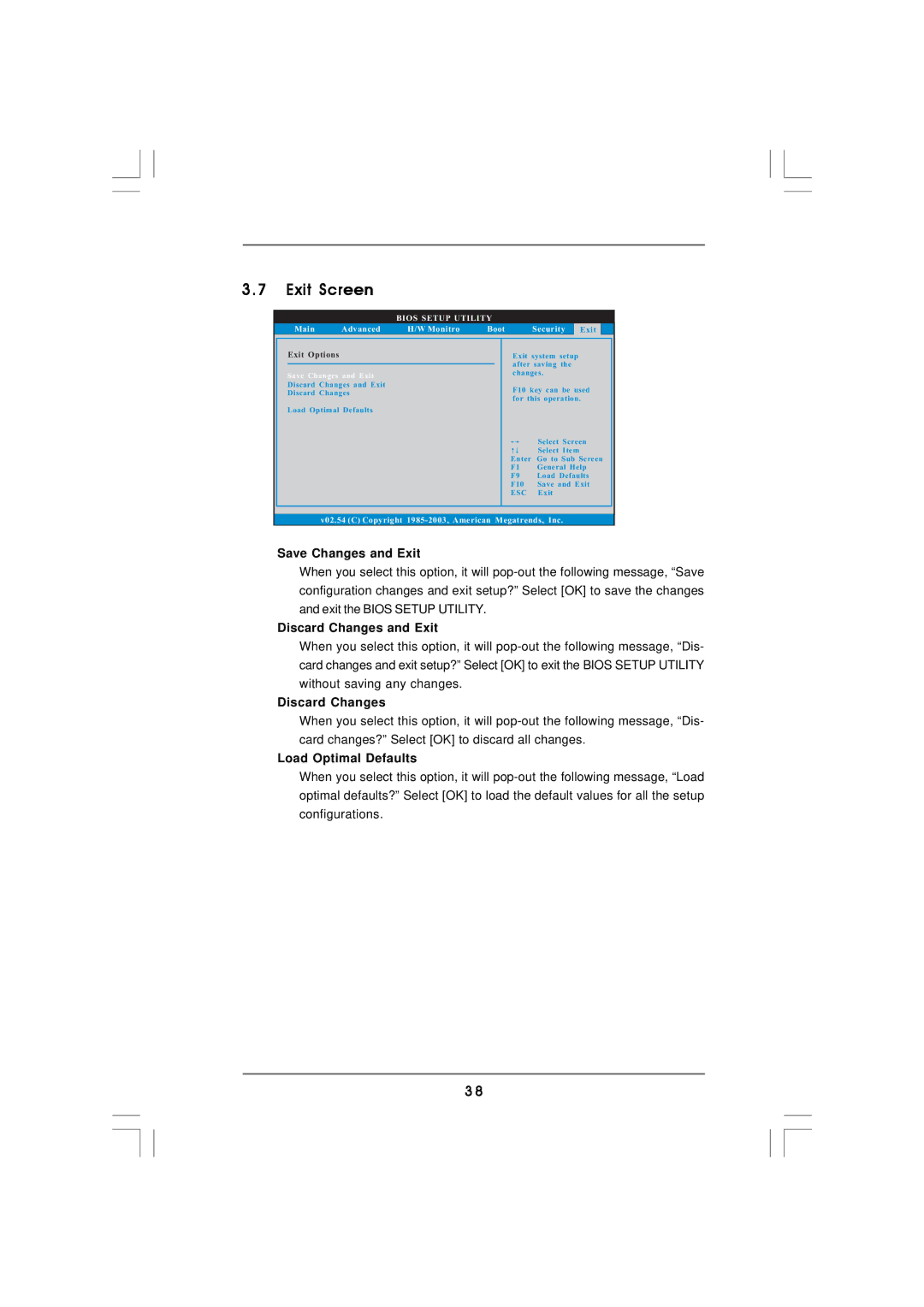 ISonic K8NF4G-SATA2 manual Exit Screen, Save Changes and Exit, Discard Changes and Exit, Load Optimal Defaults 