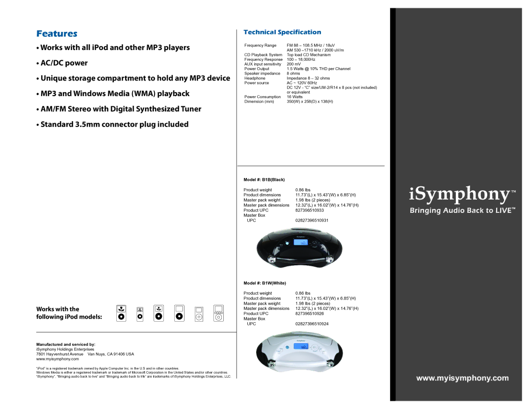 iSymphony B1 dimensions Features, Technical Specification, Works with the following iPod models 