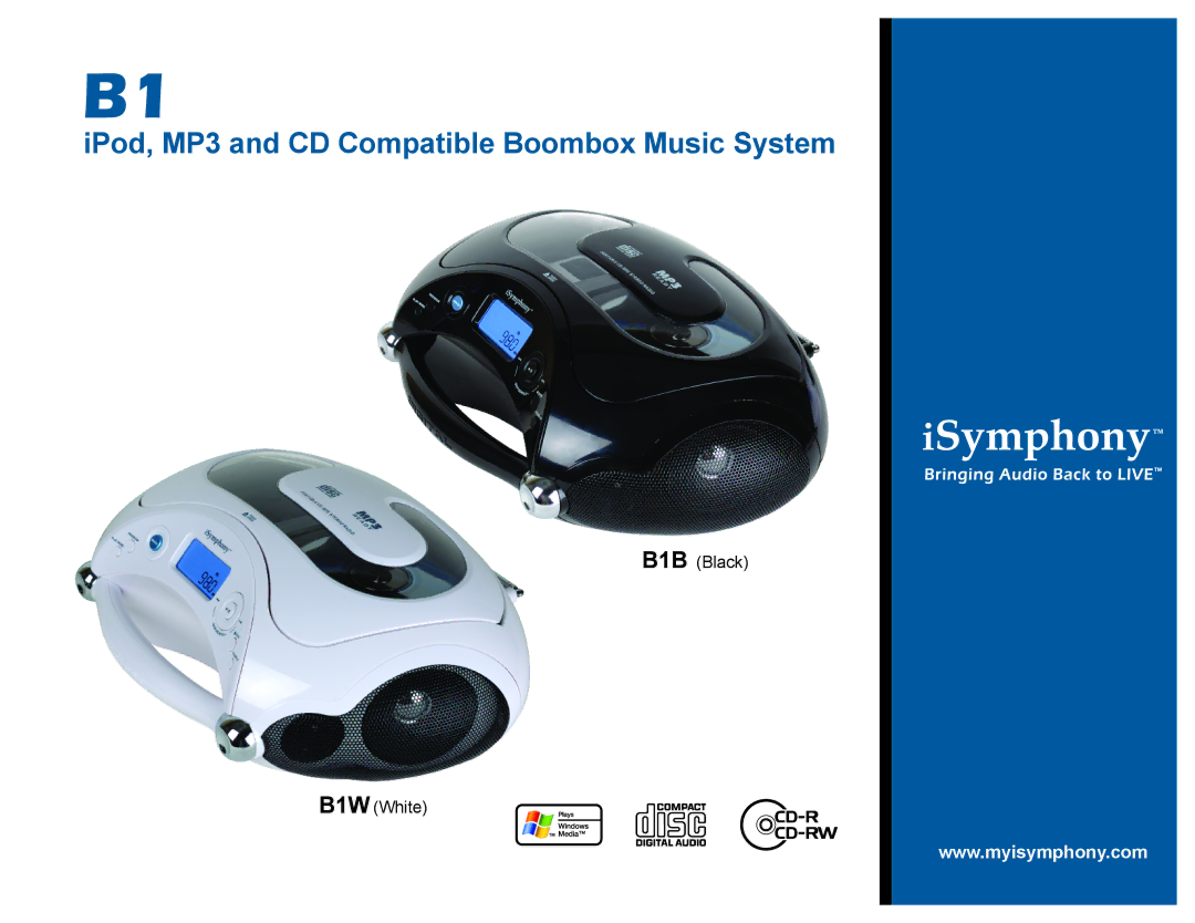 iSymphony B1B, B1W dimensions IPod, MP3 and CD Compatible Boombox Music System 