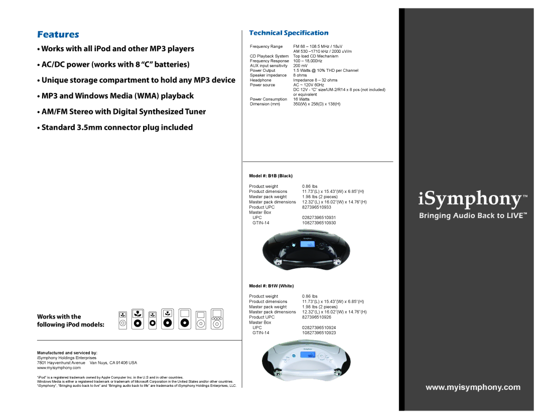 iSymphony B1W, B1B dimensions Features, Technical Specification, Works with the following iPod models 