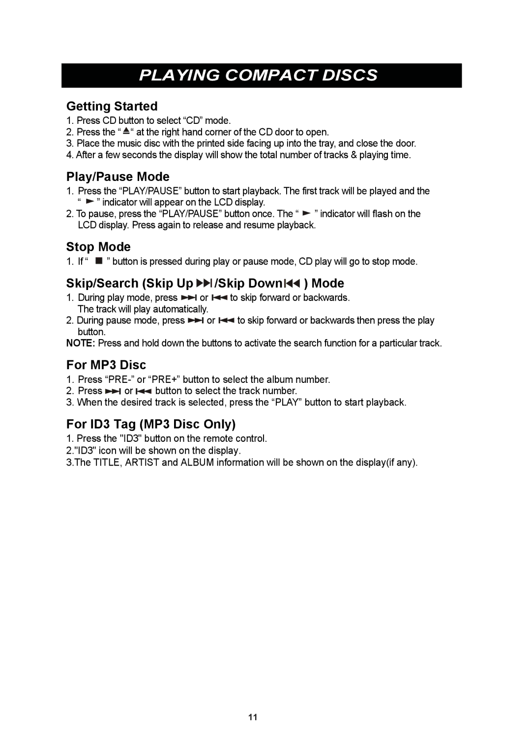 iSymphony CR8CD user manual Playing Compact Discs 