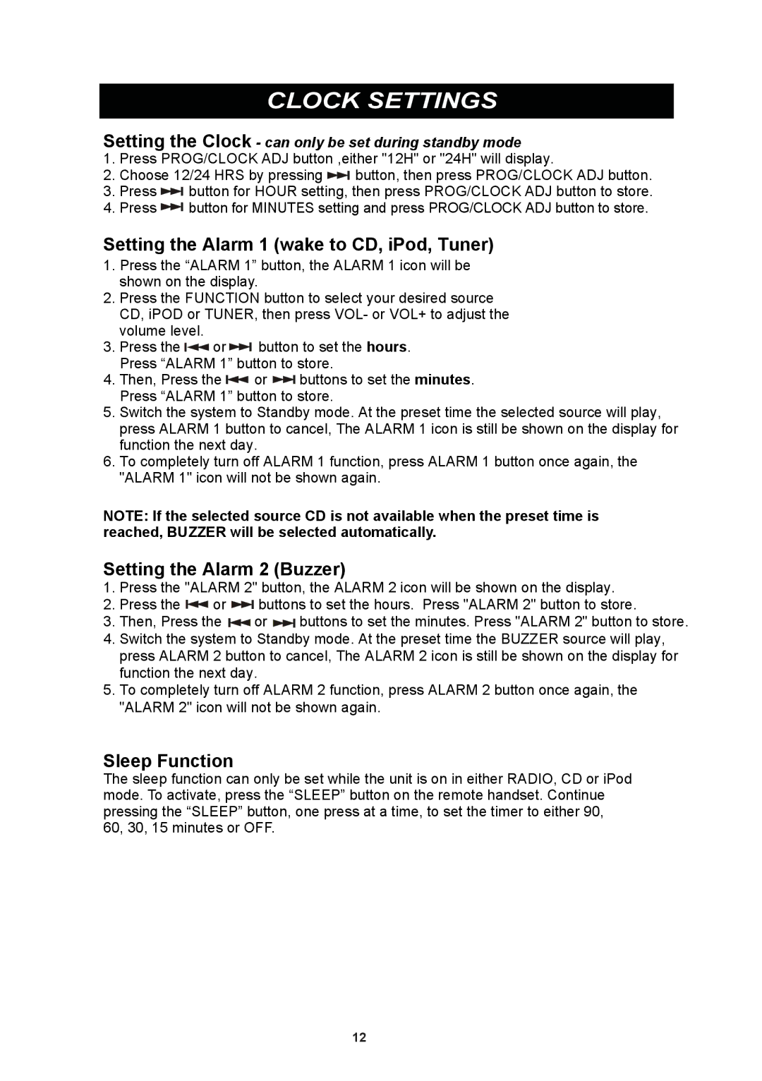 iSymphony CR8CD Clock Settings, Setting the Alarm 1 wake to CD, iPod, Tuner, Setting the Alarm 2 Buzzer, Sleep Function 