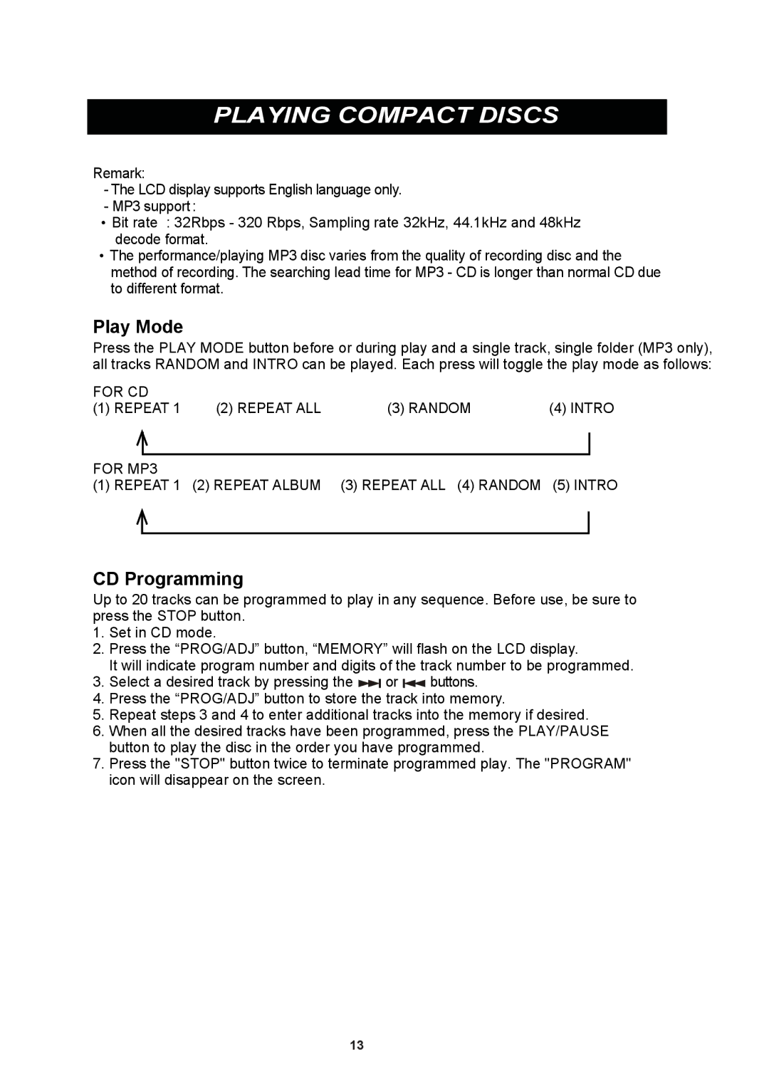 iSymphony CR8CD user manual Play Mode, CD Programming 