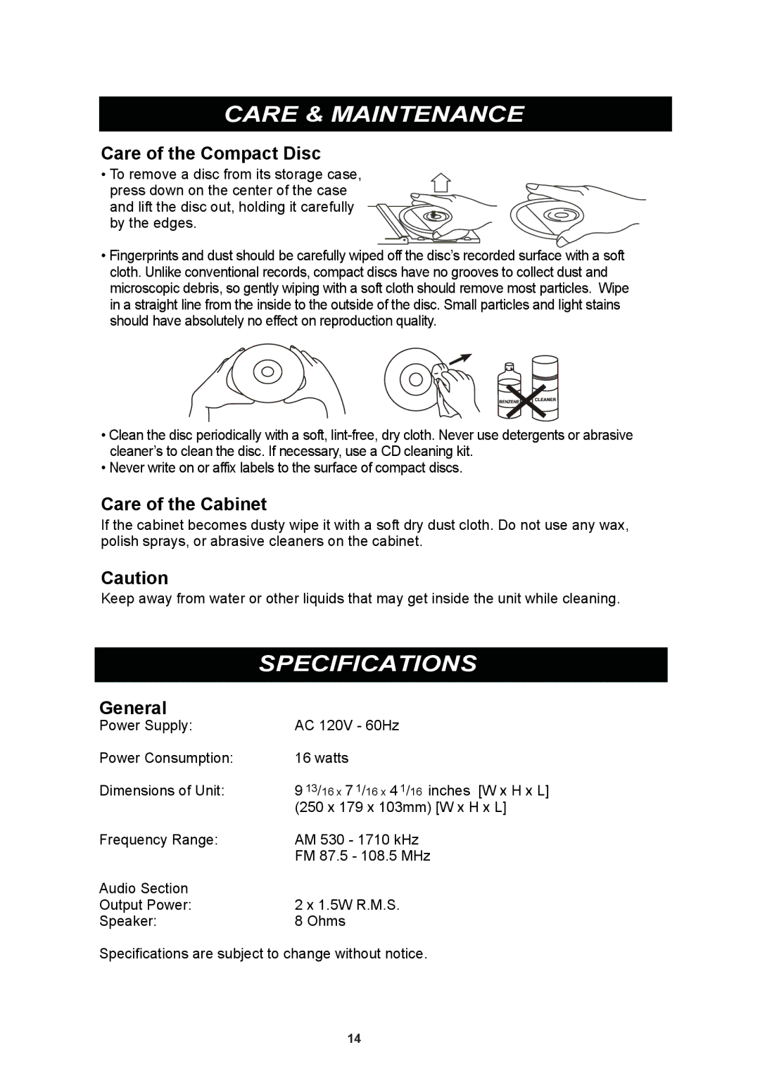 iSymphony CR8CD user manual Care & Maintenance, Specifications, Care of the Compact Disc, Care of the Cabinet, General 