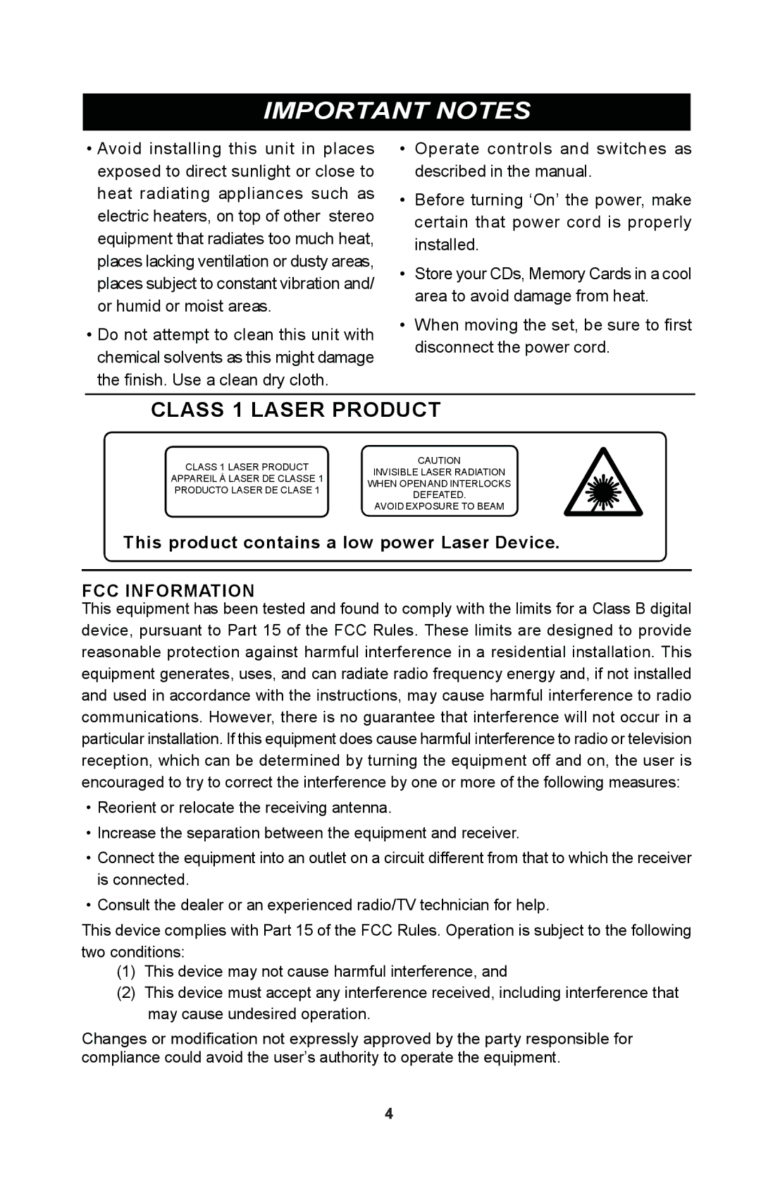 iSymphony CR8CD user manual Important Notes, Class 1 Laser Product 