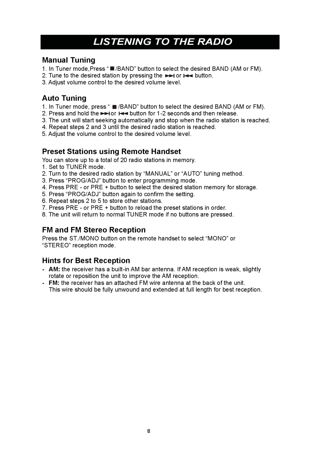 iSymphony CR8CD user manual Listening to the Radio 