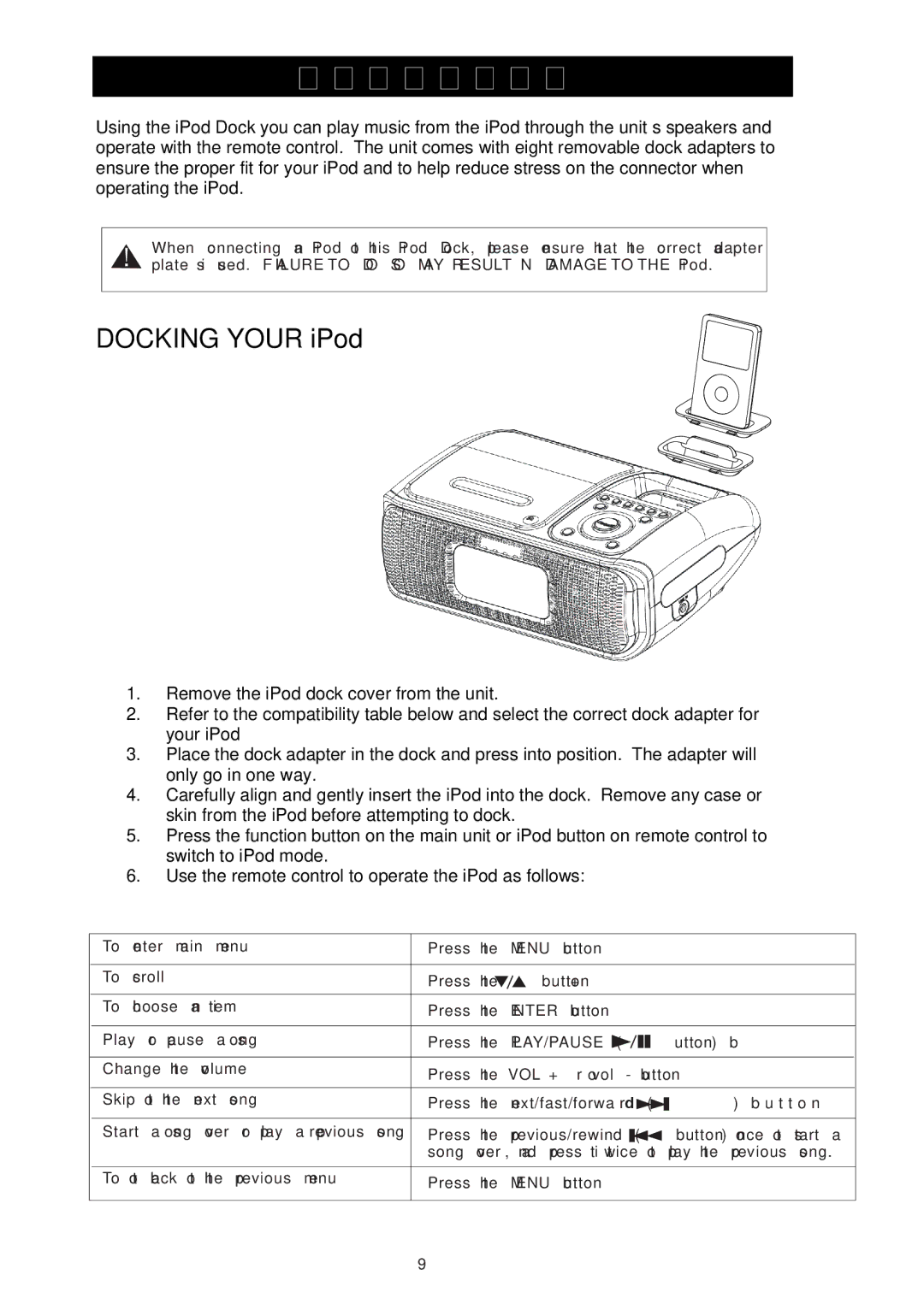 iSymphony CR8CD user manual IPod Operation 