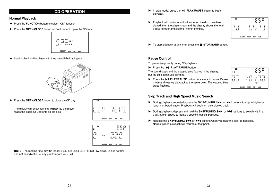 iSymphony M110 user manual CD Operation, Normal Playback, Pause Control, Skip Track and High Speed Music Search 