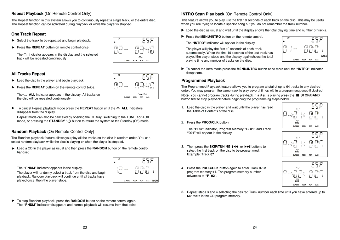 iSymphony M110 user manual One Track Repeat, All Tracks Repeat, Programmed Playback 