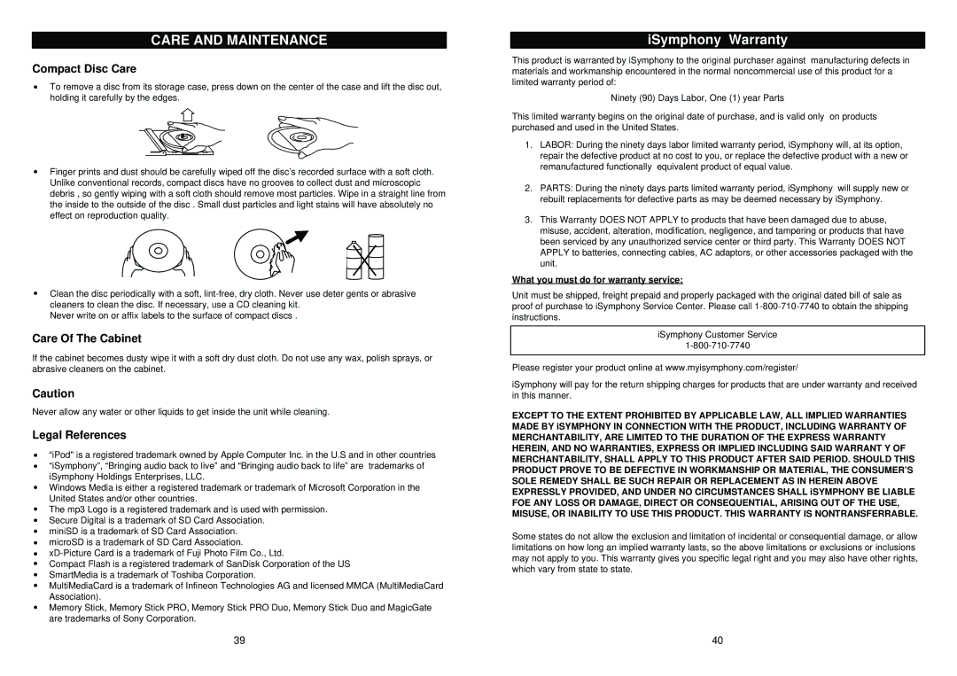 iSymphony M110 user manual Care and Maintenance, Compact Disc Care, Care Of The Cabinet, Legal References 