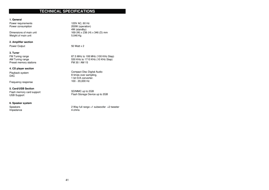 iSymphony M110 user manual Technical Specifications 