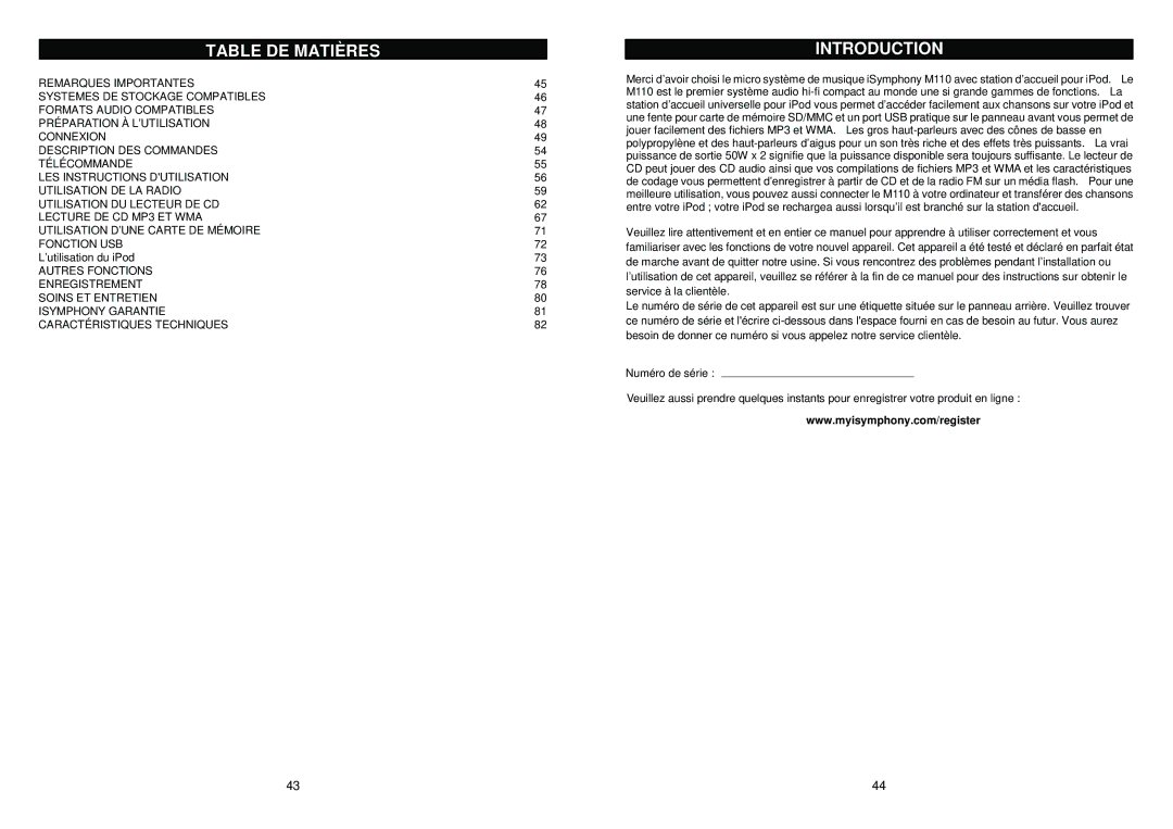 iSymphony M110 user manual Table DE Matières, Introduction 