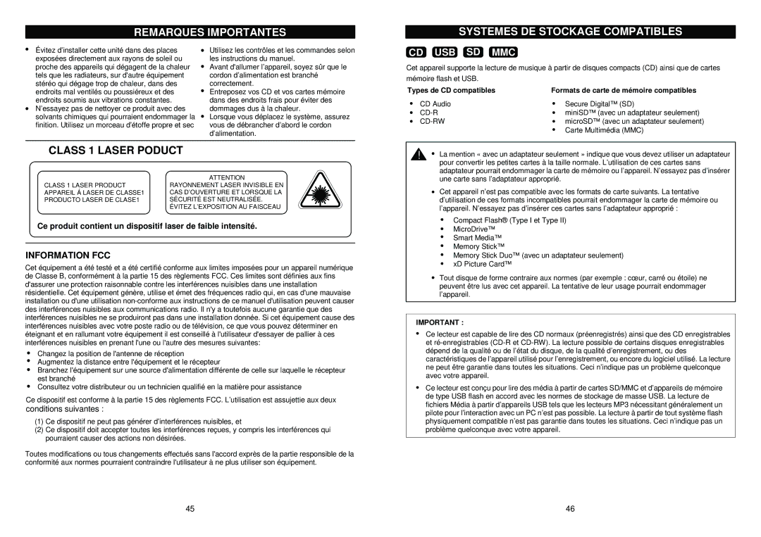 iSymphony M110 user manual Remarques Importantes Systemes DE Stockage Compatibles, Types de CD compatibles 