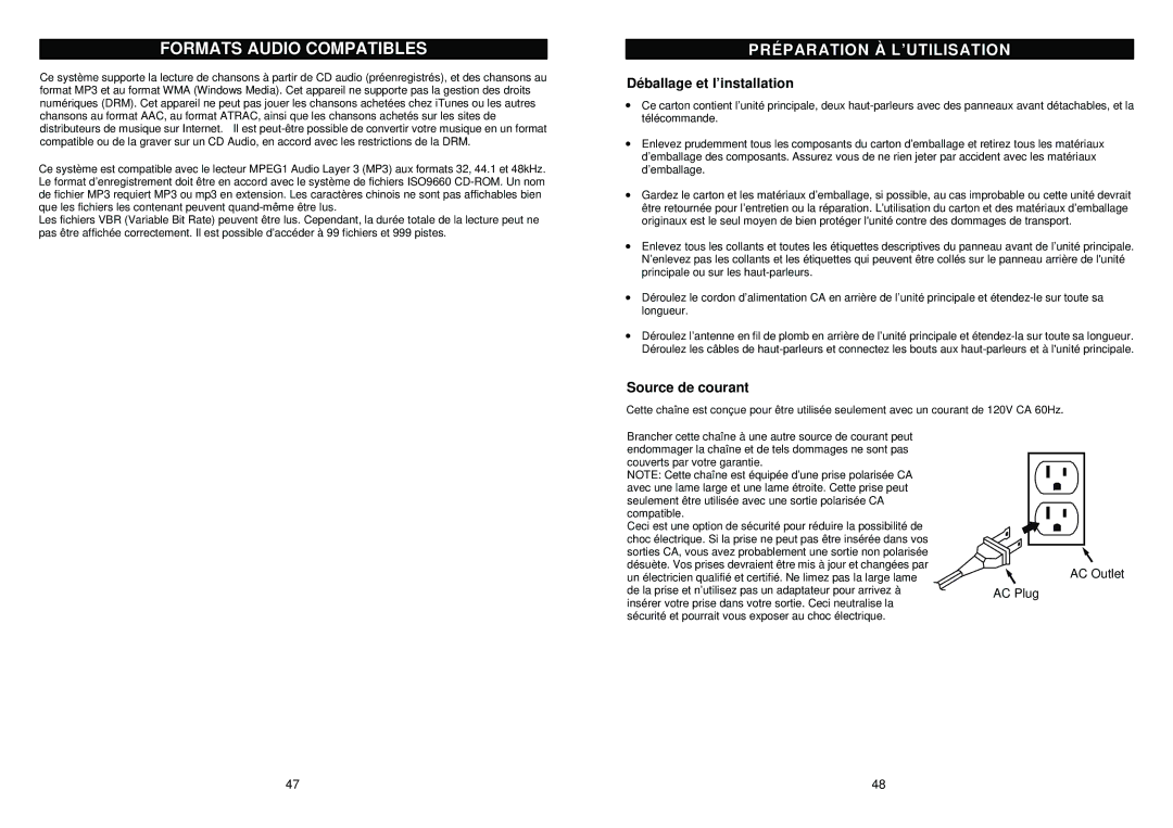 iSymphony M110 user manual Formats Audio Compatibles, Déballage et l’installation, Source de courant 