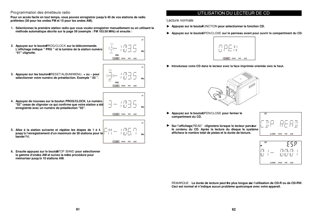 iSymphony M110 user manual Utilisation DU Lecteur DE CD, Programmation des émetteurs radio, Lecture normale 