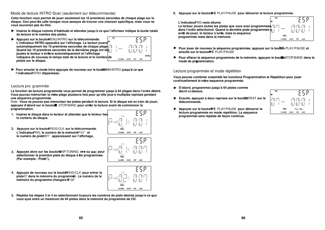 iSymphony M110 user manual Mode de lecture Intro Scan seulement sur télécommande, Lecture programmée 