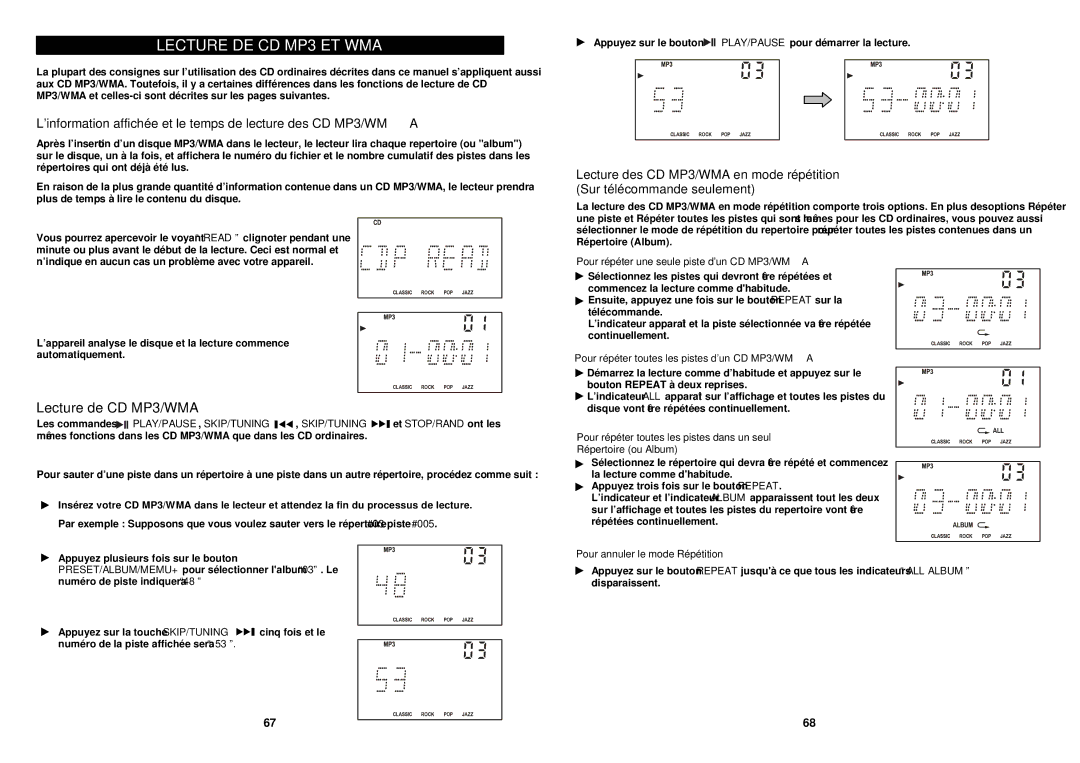 iSymphony M110 user manual Lecture DE CD MP3 ET WMA, ’information affichée et le temps de lecture des CD MP3/WMA 