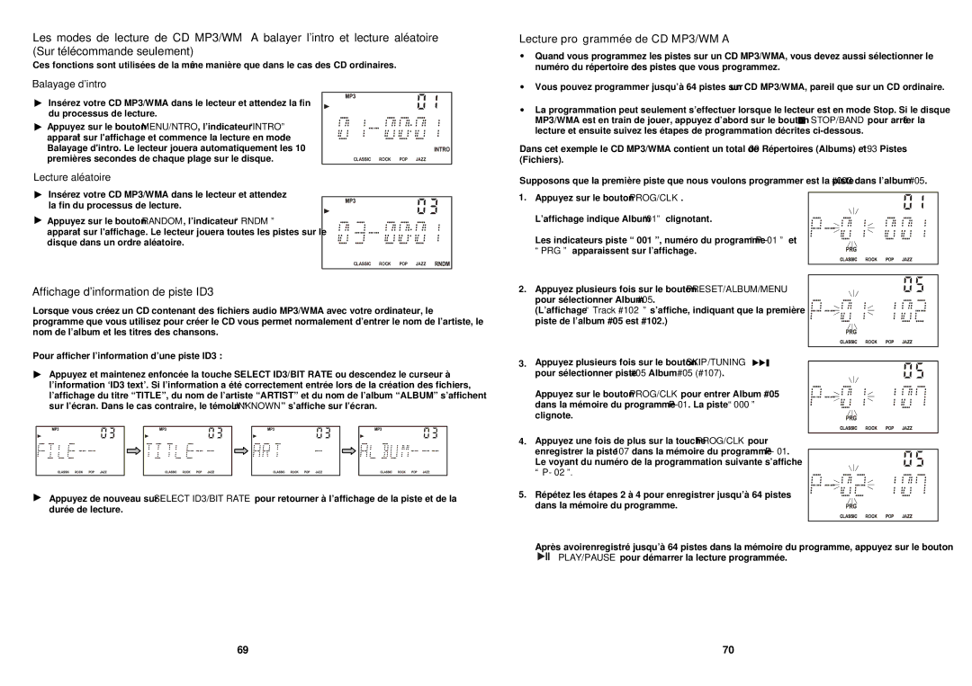 iSymphony M110 Affichage d’information de piste ID3, Lecture programmée de CD MP3/WMA, Balayage d’intro, Lecture aléatoire 