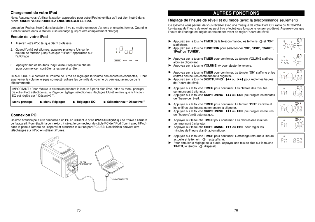 iSymphony M110 user manual Autres Fonctions, Chargement de votre iPod, Écoute de votre iPod, Connexion PC 