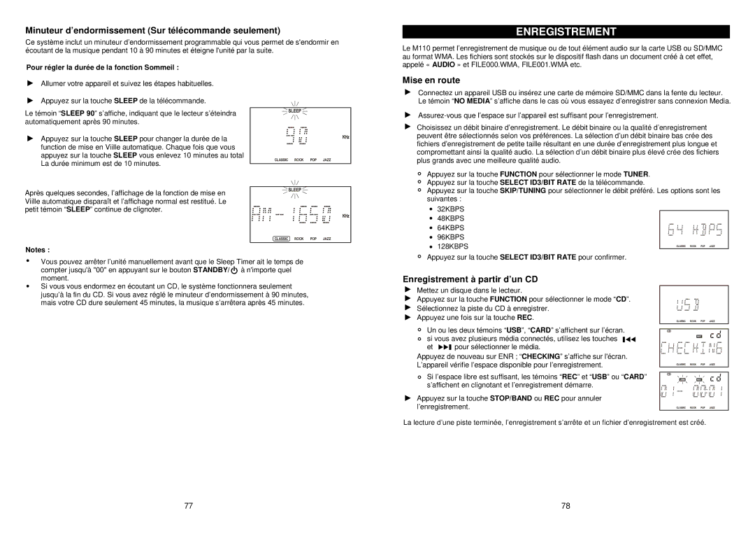 iSymphony M110 user manual Enregistrement, Minuteur d’endormissement Sur télécommande seulement, Mise en route 