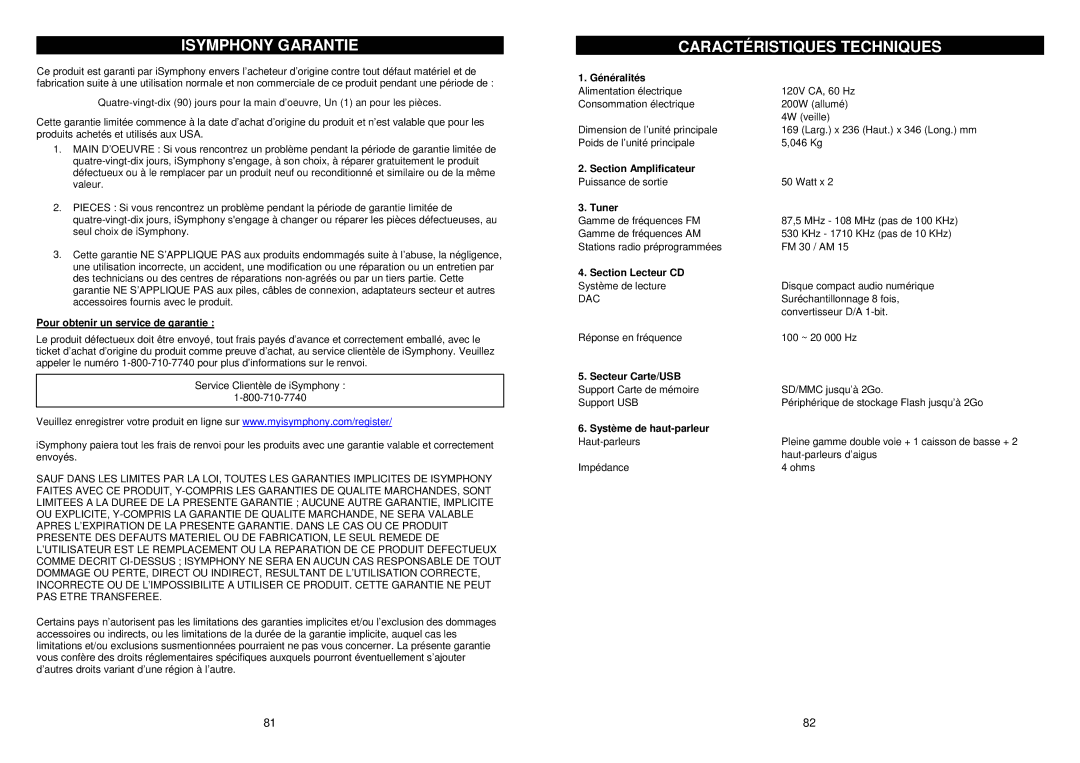 iSymphony M110 user manual Isymphony Garantie Caractéristiques Techniques, Pour obtenir un service de garantie 