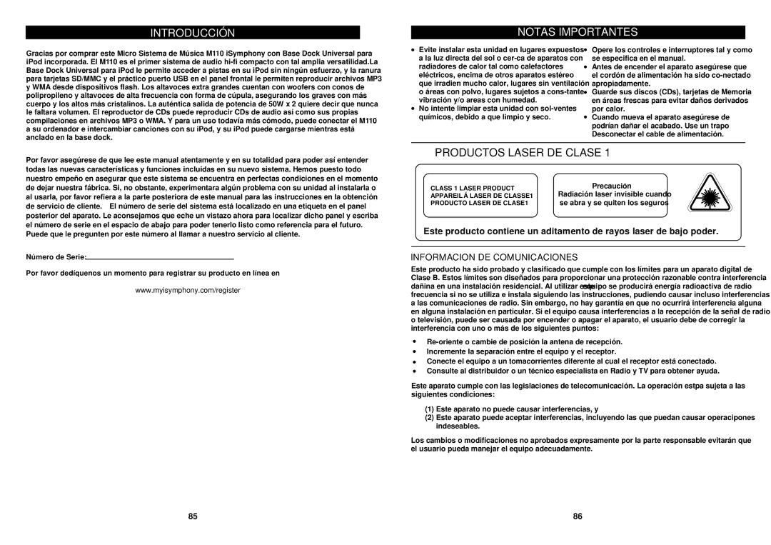 iSymphony M110 user manual Introducción Notas Importantes, Productos Laser DE Clase 