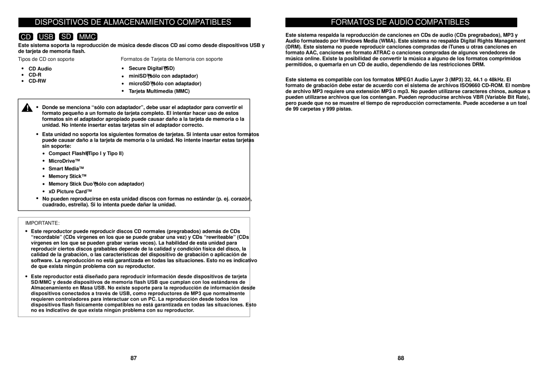 iSymphony M110 Dispositivos DE Almacenamiento Compatibles, Formatos DE Audio Compatibles, Tipos de CD con soporte 