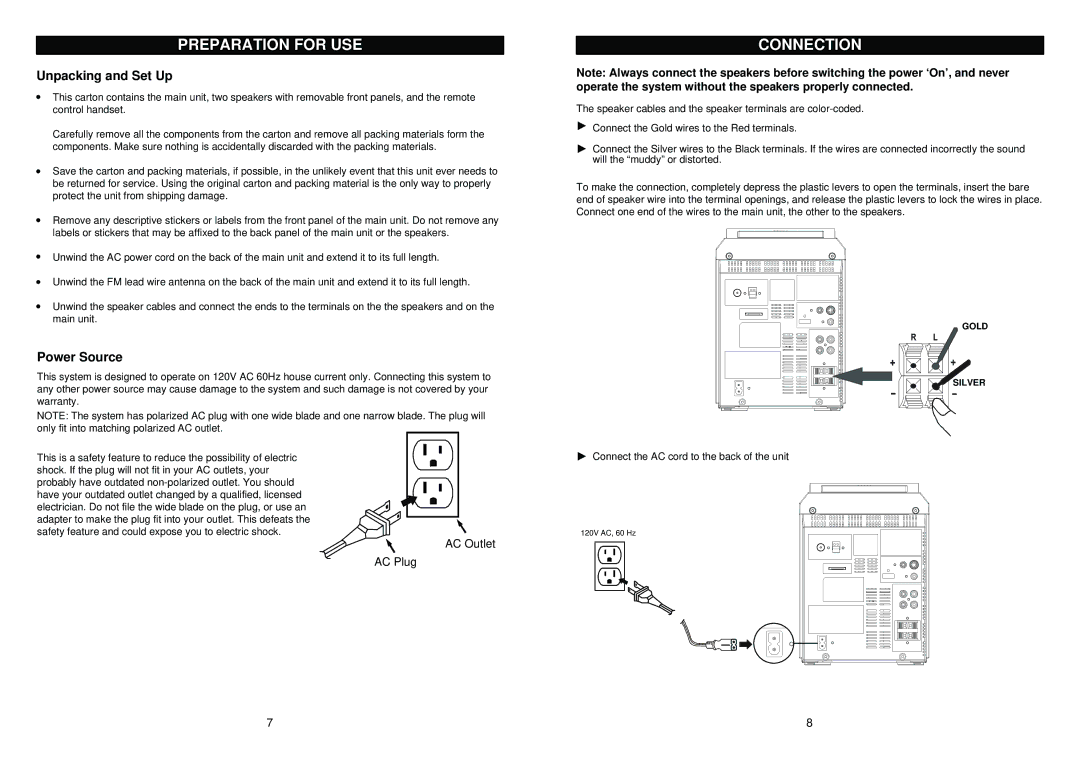 iSymphony M110 user manual Preparation for USE, Connection, Unpacking and Set Up, Power Source 