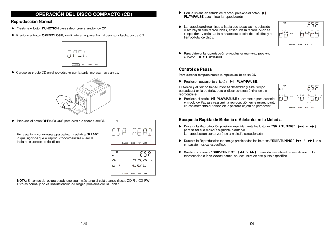 iSymphony M110 user manual Operación DEL Disco Compacto CD, Reproducción Normal, Control de Pausa, El boton STOP/BAND 