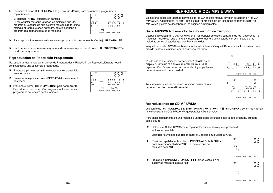 iSymphony M110 Disco MP3/WMA Leyendo la información de Tiempo, Reproducción de Repetición Programada, STOP/BAND el 