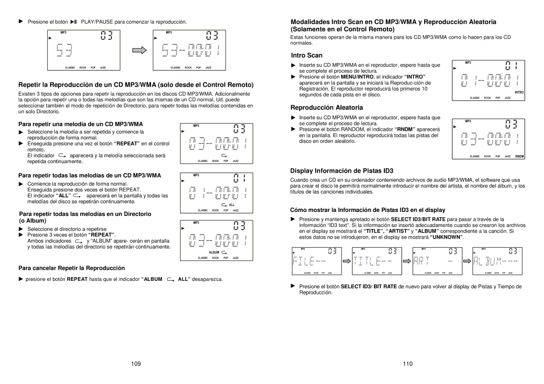 iSymphony M110 user manual Intro Scan, Reproducción Aleatoria, Display Información de Pistas ID3 