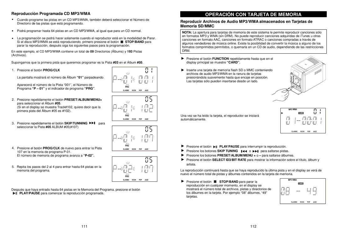 iSymphony M110 user manual Operación CON Tarjeta DE Memoria, Reproducción Programada CD MP3/WMA 