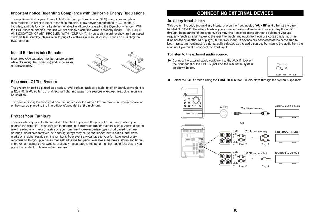iSymphony M110 Connecting External Devices, Placement Of The System, Protect Your Furniture, Auxiliary Input Jacks 