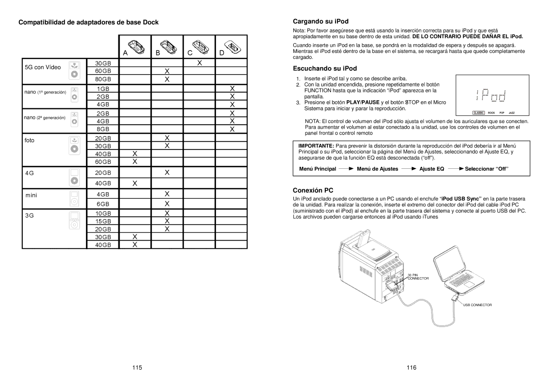 iSymphony M110 user manual Compatibilidad de adaptadores de base Dock, Cargando su iPod, Escuchando su iPod, Conexión PC 