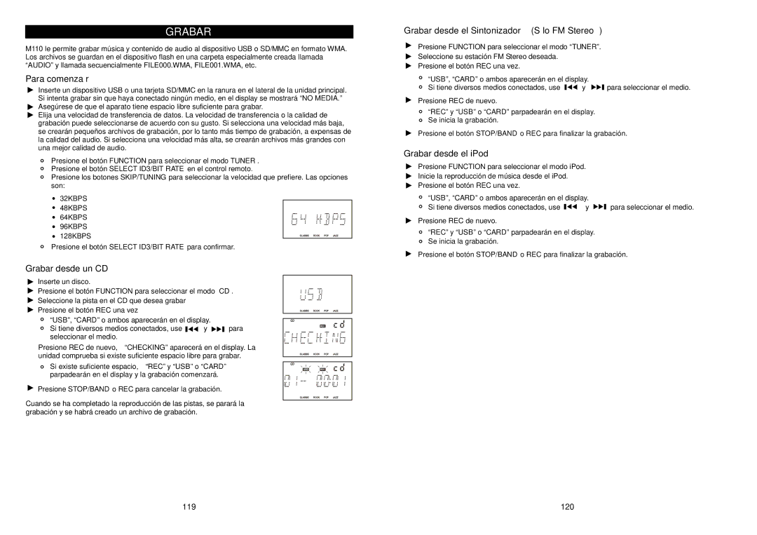 iSymphony M110 Para comenzar, Grabar desde un CD, Grabar desde el Sintonizador Sólo FM Stereo, Grabar desde el iPod 